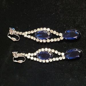 Vintage Sapphire Blue Silver Tone Double Drop Rhinestone Earrings Clip On